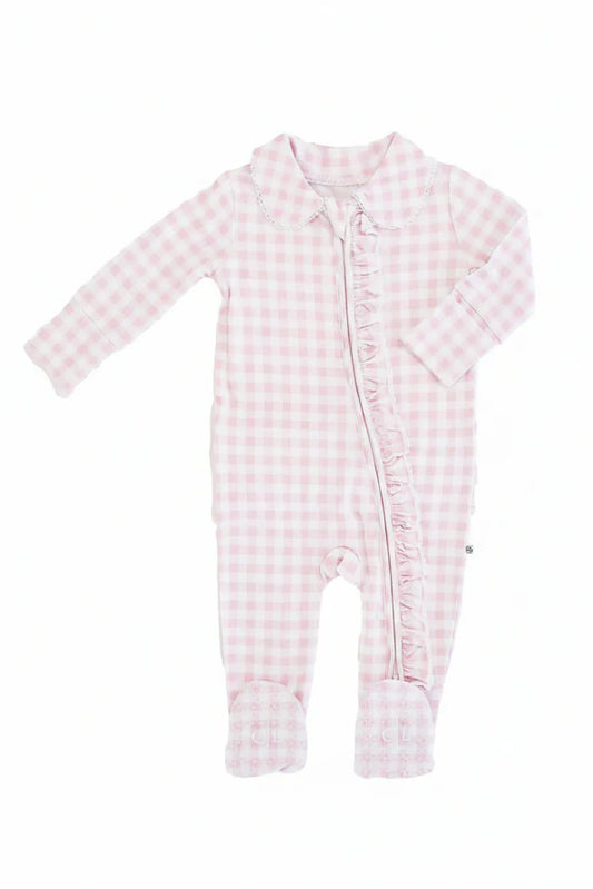 Pink gingham Peter Pan collar ruffle zipper footie for baby girls by Caden Lane, featuring a charming rosy pattern and soft fabric.