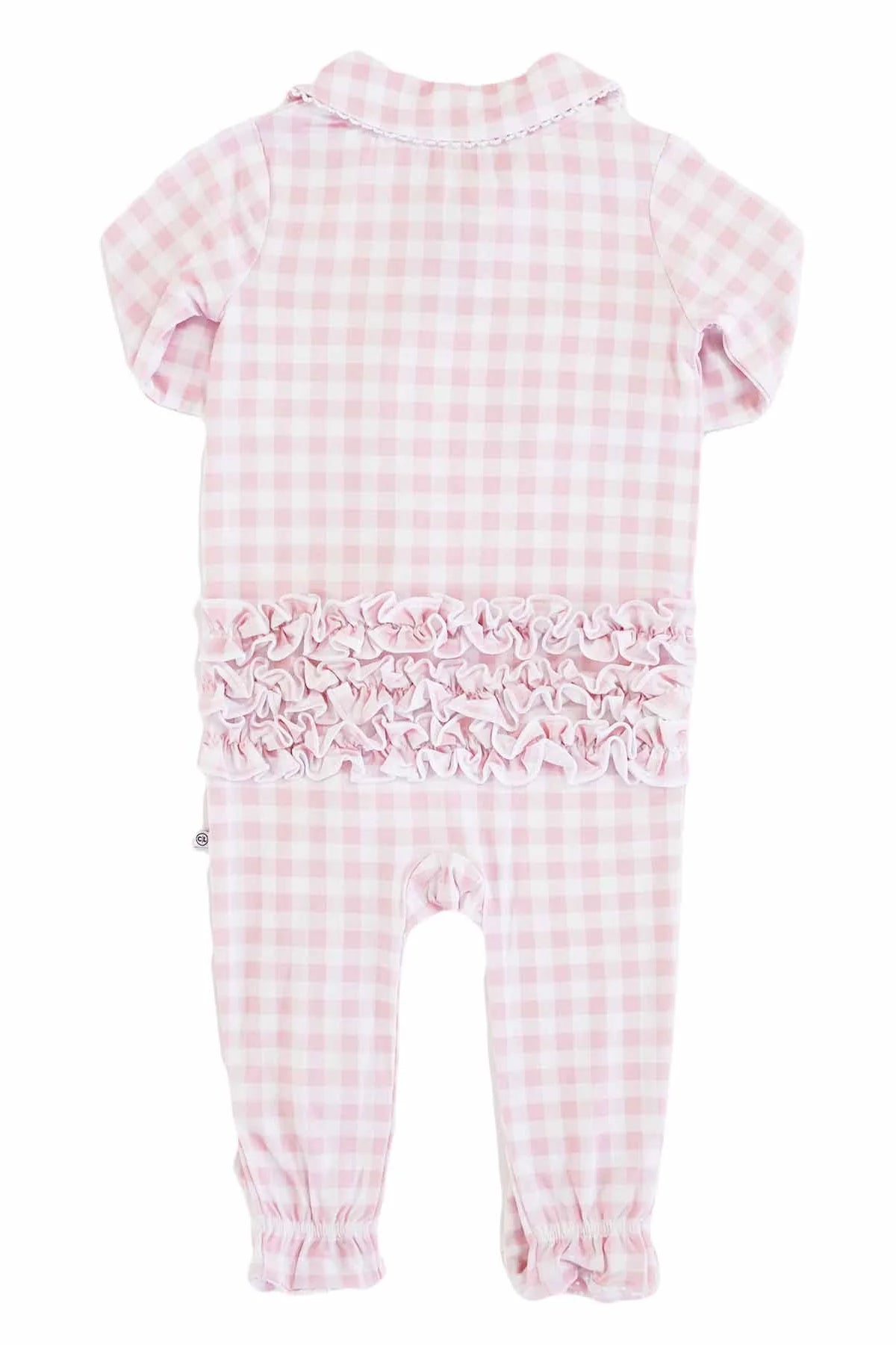 Pink gingham baby footie with Peter Pan collar, ruffle details, and zipper closure by Caden Lane.