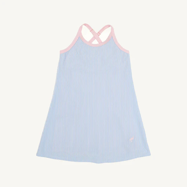 Little Miss Tennis Dress by The Beaufort Bonnet Company in blue seersucker with pink palm details, perfect for warm weather.