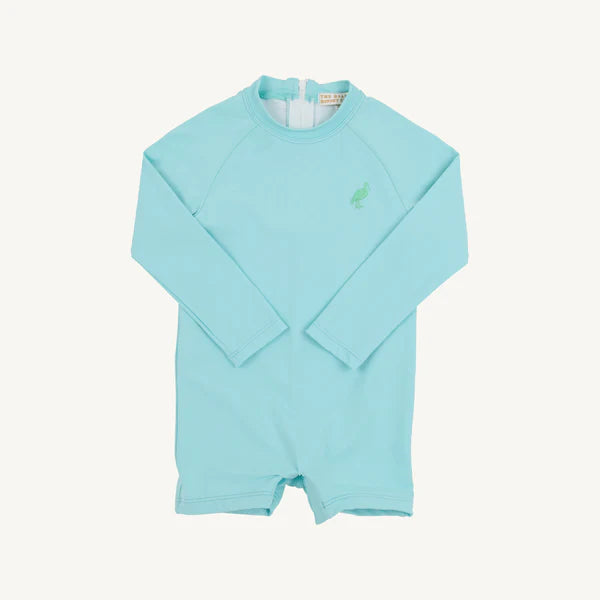 Edisto Egg Blue and Grace Bay Green Stork Price Pool Romper by The Beaufort Bonnet Company showing a stylish baby romper with stork design.