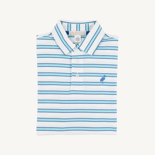 Back view of The Beaufort Bonnet Company Worth Ave White Belhaven Blue Stripe Prim and Proper Polo shirt, featuring blue boat stripe design.