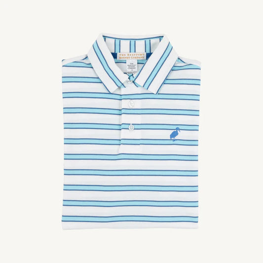 Back view of The Beaufort Bonnet Company Worth Ave White Belhaven Blue Stripe Prim and Proper Polo shirt, featuring blue boat stripe design.