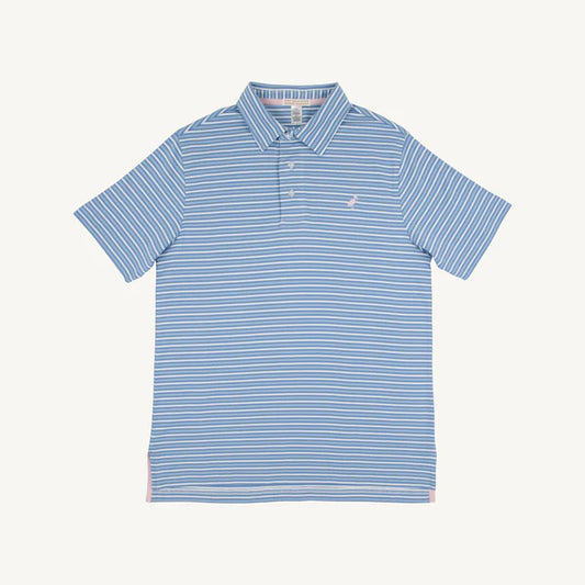 Pink and blue striped Sumner County polo shirt for boys by The Beaufort Bonnet Company, featuring a classic collar and short sleeves.