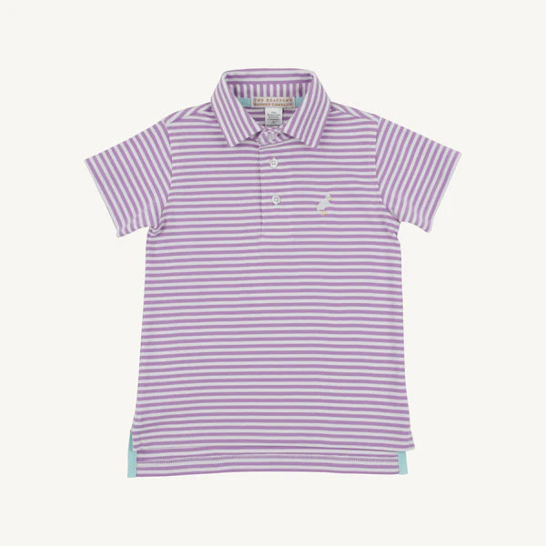 The Beaufort Bonnet Company Valley High Violet Stripe Prim & Propper Polo featuring a multicolor stork pattern on a violet striped fabric.