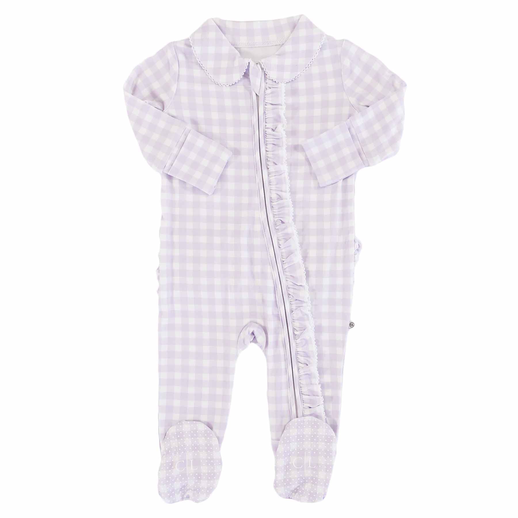 Lilac gingham Peter Pan collar ruffle zipper footie for babies by Caden Lane, purple and white checkered fabric with ruffle details.