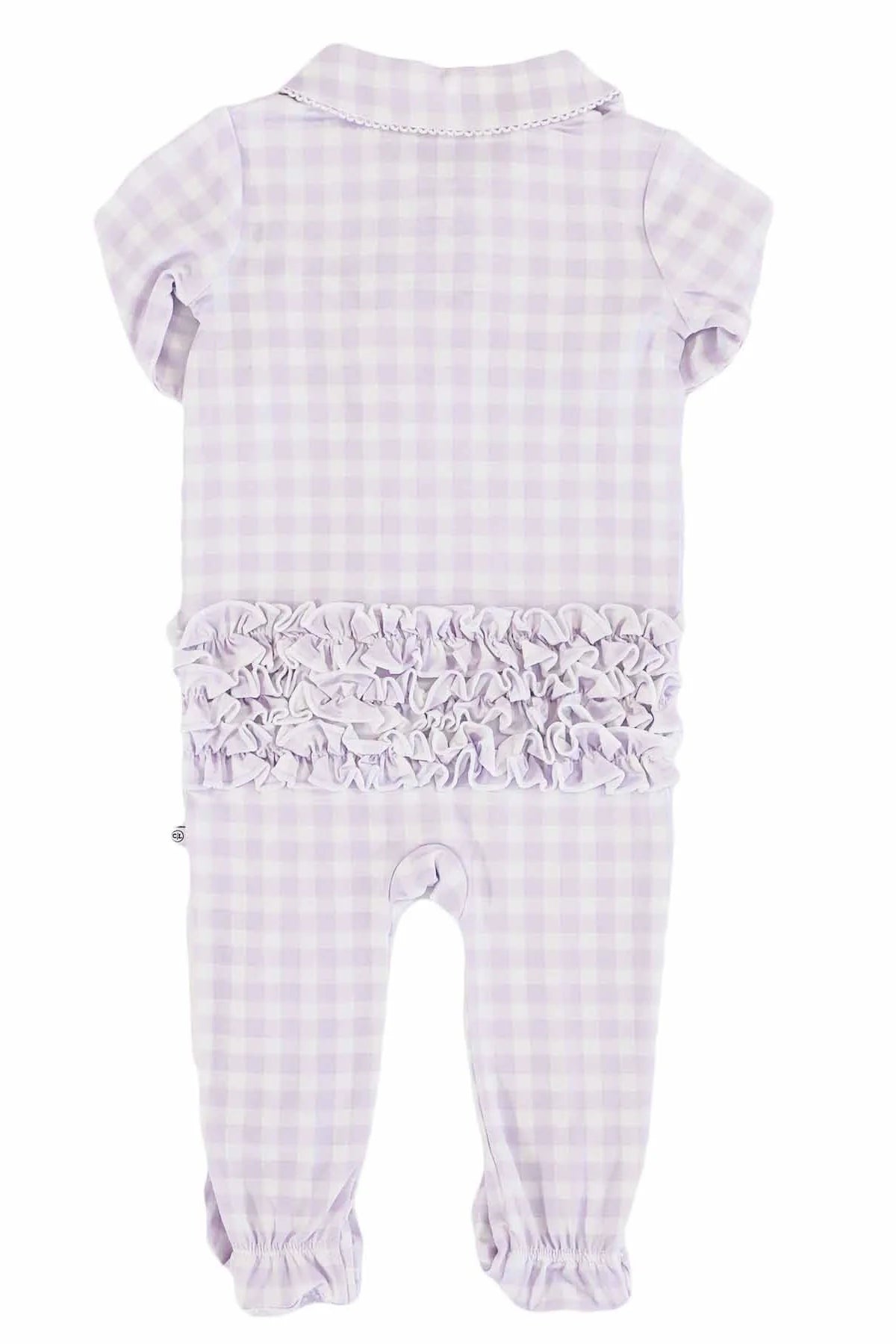 Lilac gingham Peter Pan collar ruffle zipper footie for babies, featuring purple checkered pattern and soft fabric from Caden Lane.