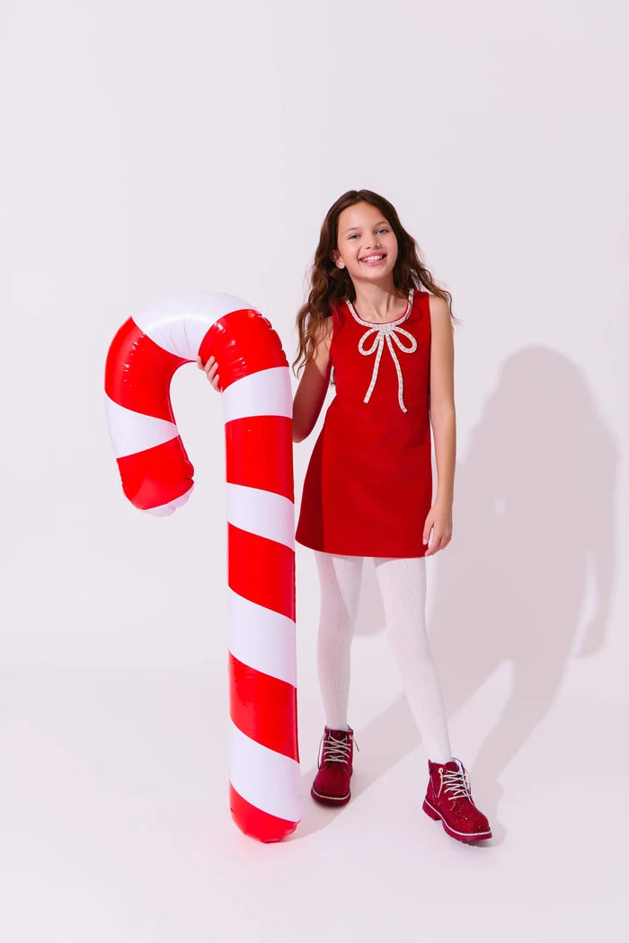 Red velvet princess dress with a bow for girls by Lola and The Boys, featuring a soft, elegant design perfect for special occasions.