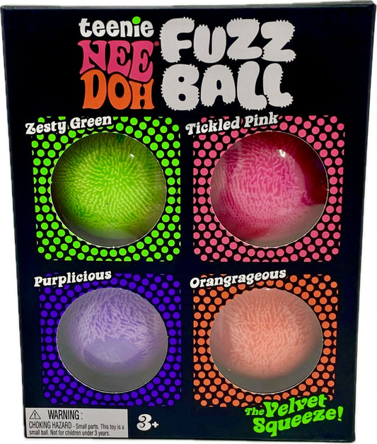 Needoh Tennie Fuzz Ball multi-pack of colorful, soft pet toys with fuzzy textures for cats or small pets.