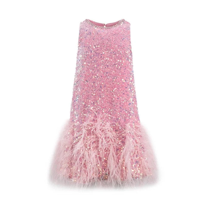 Sequin feather pretty dress by Lola and The Boys featuring shiny sequins and feather details on a stylish girls' dress.