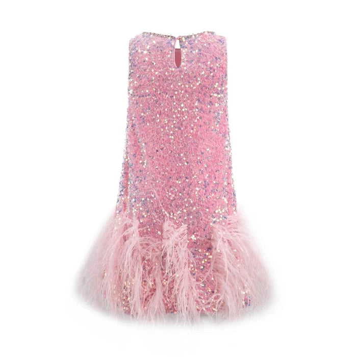 Lola and The Boys sequin feather pretty dress with shimmering sequins and feather details, perfect for special occasions.