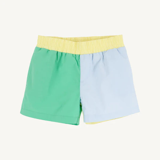 Sheffield shorts by The Beaufort Bonnet Company in Grace Bay Green, Buckhead Blue, and Lake Worth Yellow broadcloth with colorful pattern.