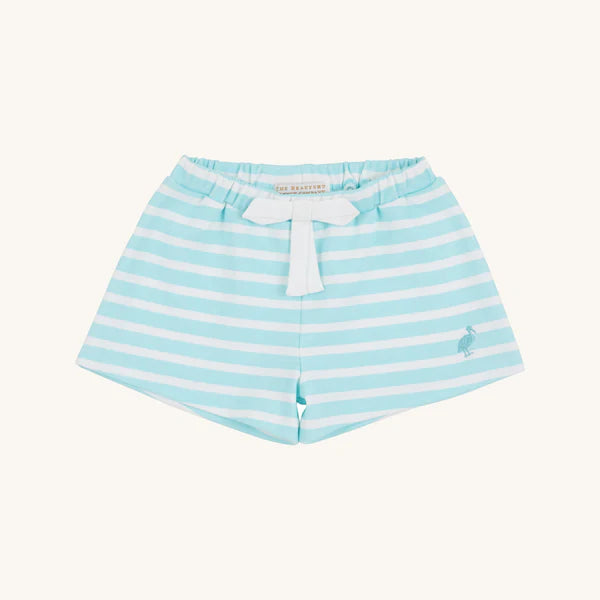Shipley shorts by The Beaufort Bonnet Company in Edisto Egg Blue Stripe with Worth Avenue White Stork pattern, featuring a stylish, casual design.