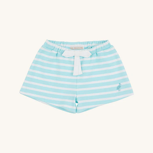 Shipley shorts by The Beaufort Bonnet Company in Edisto Egg Blue Stripe with Worth Avenue White Stork pattern, featuring a stylish, casual design.
