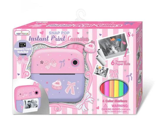 Hot Focus instant print camera with colorful design and viewfinder, ready for instant photo printing.
