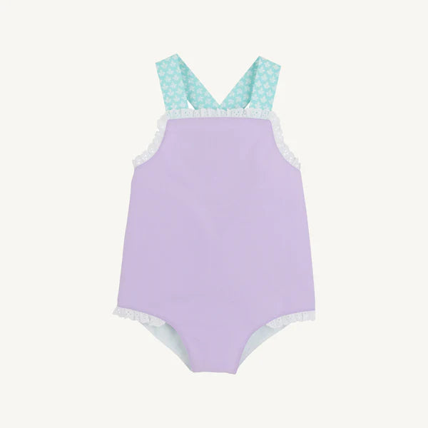 Lauderdale lavender Sisi Sunsuit with Dunmore Doo-Dad by The Beaufort Bonnet Company, featuring soft lavender fabric and playful details.