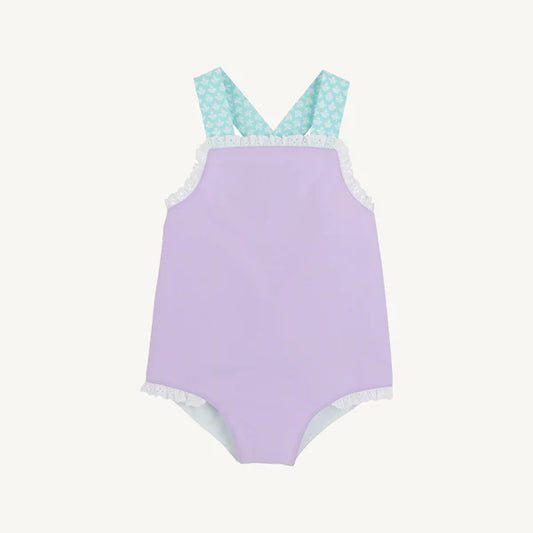 Lauderdale lavender Sisi Sunsuit with Dunmore Doo-Dad by The Beaufort Bonnet Company, featuring soft lavender fabric and playful details.