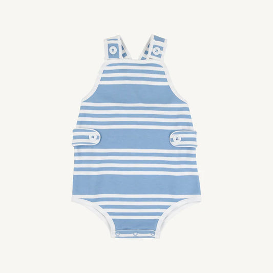White Saddle Ridge Stripe Skipper Sunsuit by The Beaufort Bonnet Company featuring blue and white striped design with nautical accents.