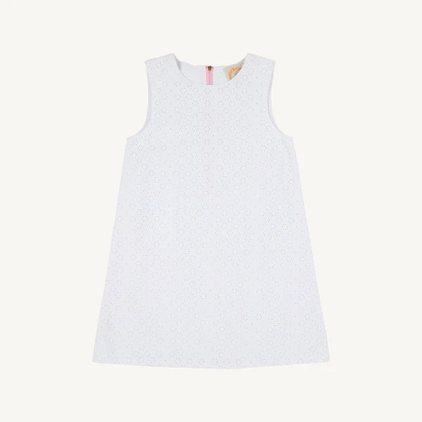 White sleeveless Betts Bow Dress by The Beaufort Bonnet Company featuring eyelet fabric and a charming bow detail.