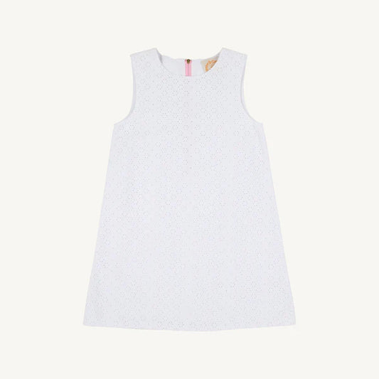 White sleeveless Betts Bow Dress by The Beaufort Bonnet Company featuring eyelet fabric and a charming bow detail.