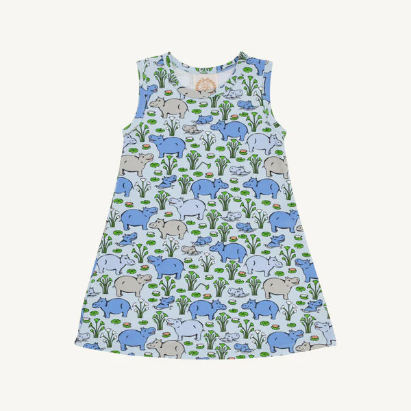 Bal Harbour Hippo sleeveless Polly Play Dress by The Beaufort Bonnet Company with blue and beige polka dot pattern, suitable for young children.