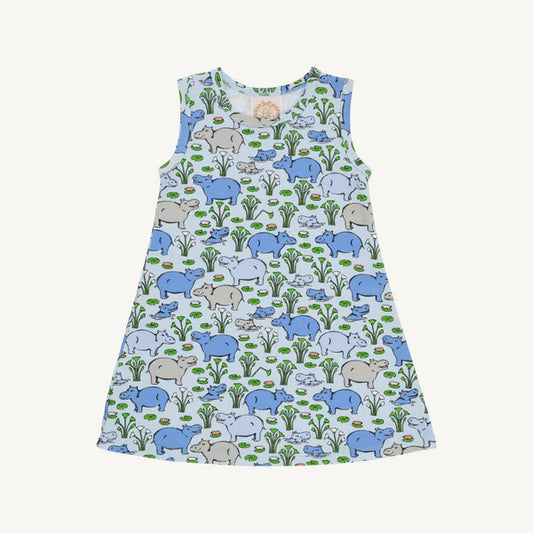 Bal Harbour Hippo sleeveless Polly Play Dress by The Beaufort Bonnet Company with blue and beige polka dot pattern, suitable for young children.