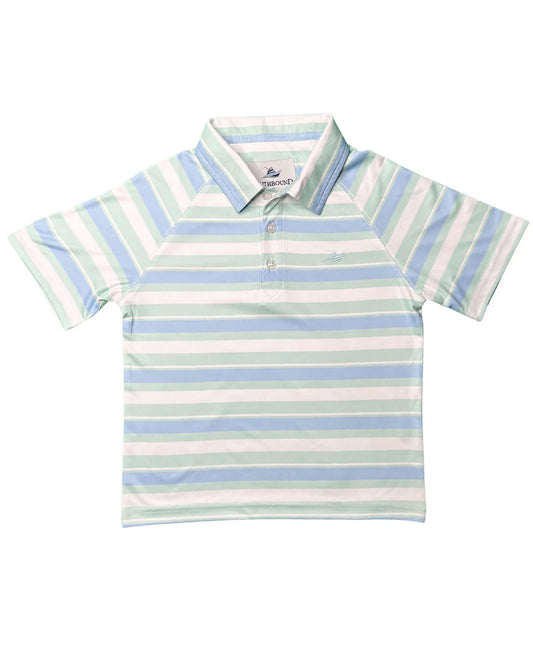 Blue Bell and Dusty Aqua striped boys' polo shirt by SouthBound, laid flat showcasing its pattern and classic fit.