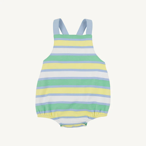 White and blue Samford Stripe Stillman Sunsuit for babies by The Beaufort Bonnet Company, featuring a classic stripe pattern.