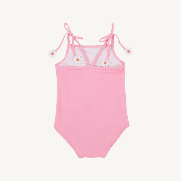 Hamptons Hot Pink Seashore Sherbert floral Swimsuit by The Beaufort Bonnet Company, shown from the back with beachy print and ruffle details.