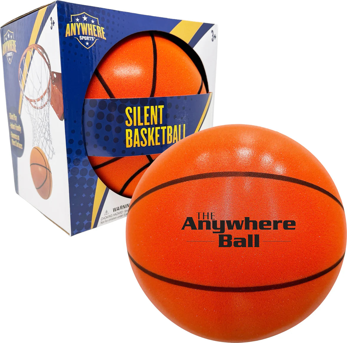 Silent 9.5-inch basketball by Thin Air Brands, showing the textured orange surface and black grip lines for outdoor play.