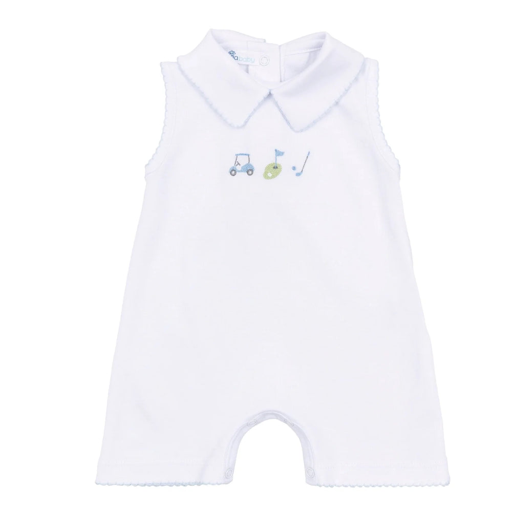 Magnolia Baby - Tiny Tee Time Light Blue Emb Collared S/less Short Playsuit