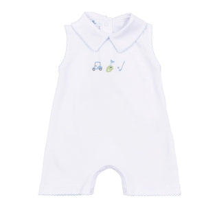 Magnolia Baby - Tiny Tee Time Light Blue Emb Collared S/less Short Playsuit