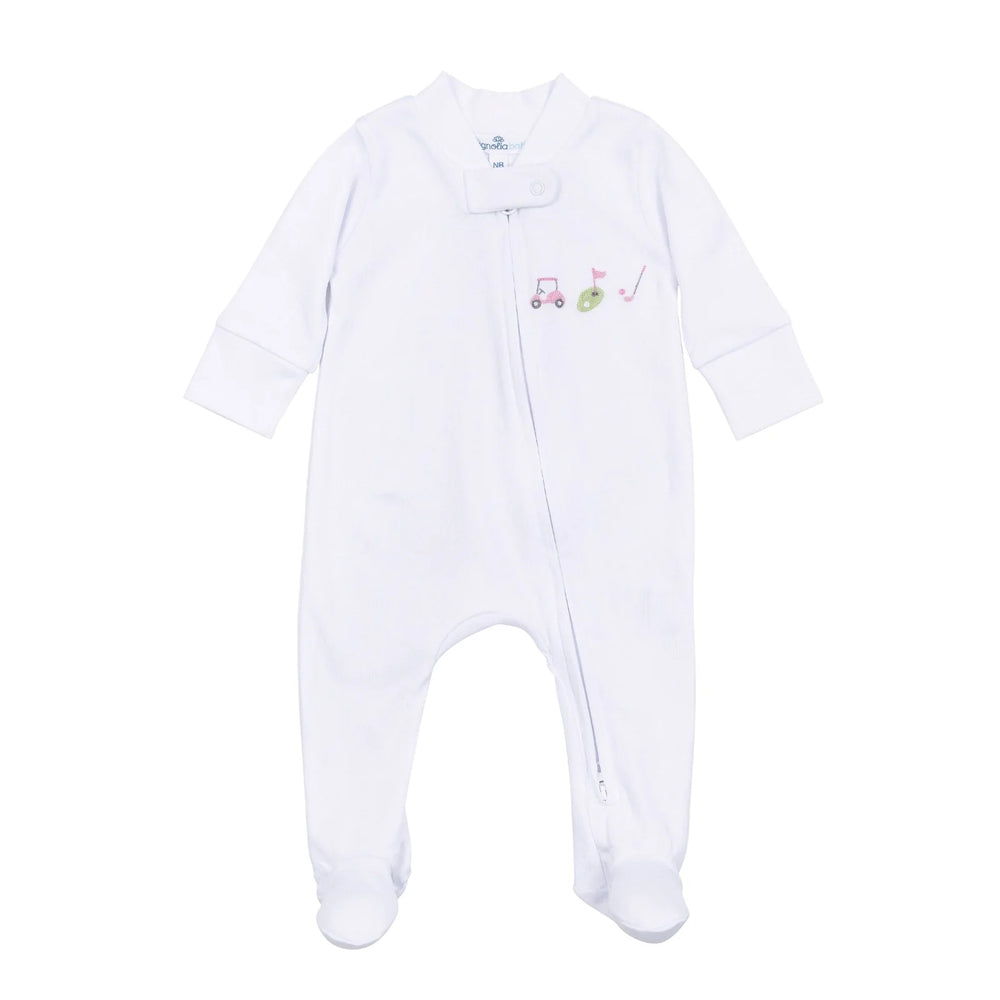 Magnolia Baby - Tiny Tee Time Pink Embroidered Zipper Footie