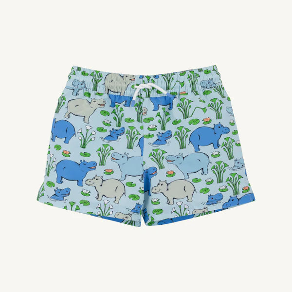 Bal Harbour Hippo Tortola Swim Trunks by The Beaufort Bonnet Company in Bealest Blue with white stork print, lightweight and comfortable for swimming.
