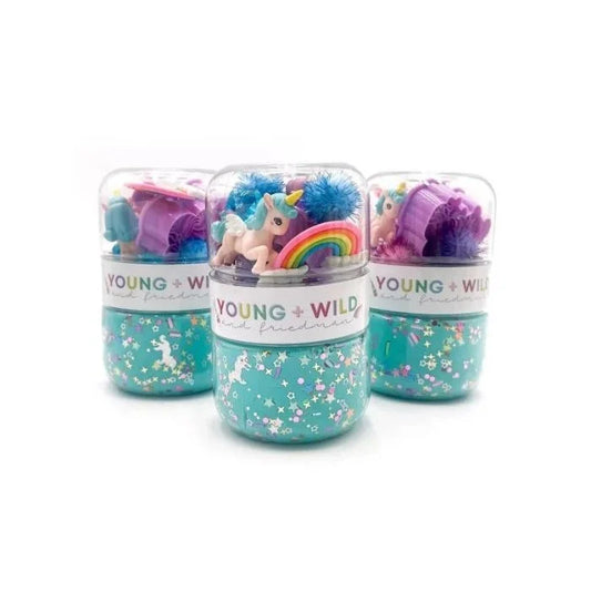 Young Wild and Friedman Unicorn Grab & Go Dough Jar with colorful unicorn design and resealable lid for fun, portable play dough storage.
