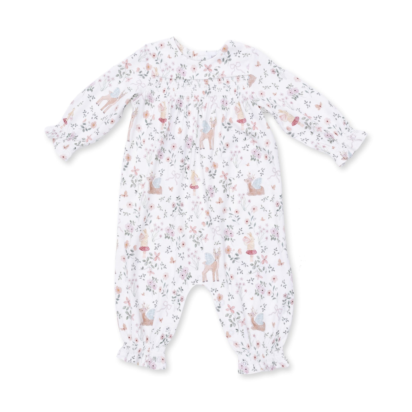 Angel Dear enchanted woodland smocked long sleeve romper for babies, featuring woodland-themed print and comfortable long sleeves.