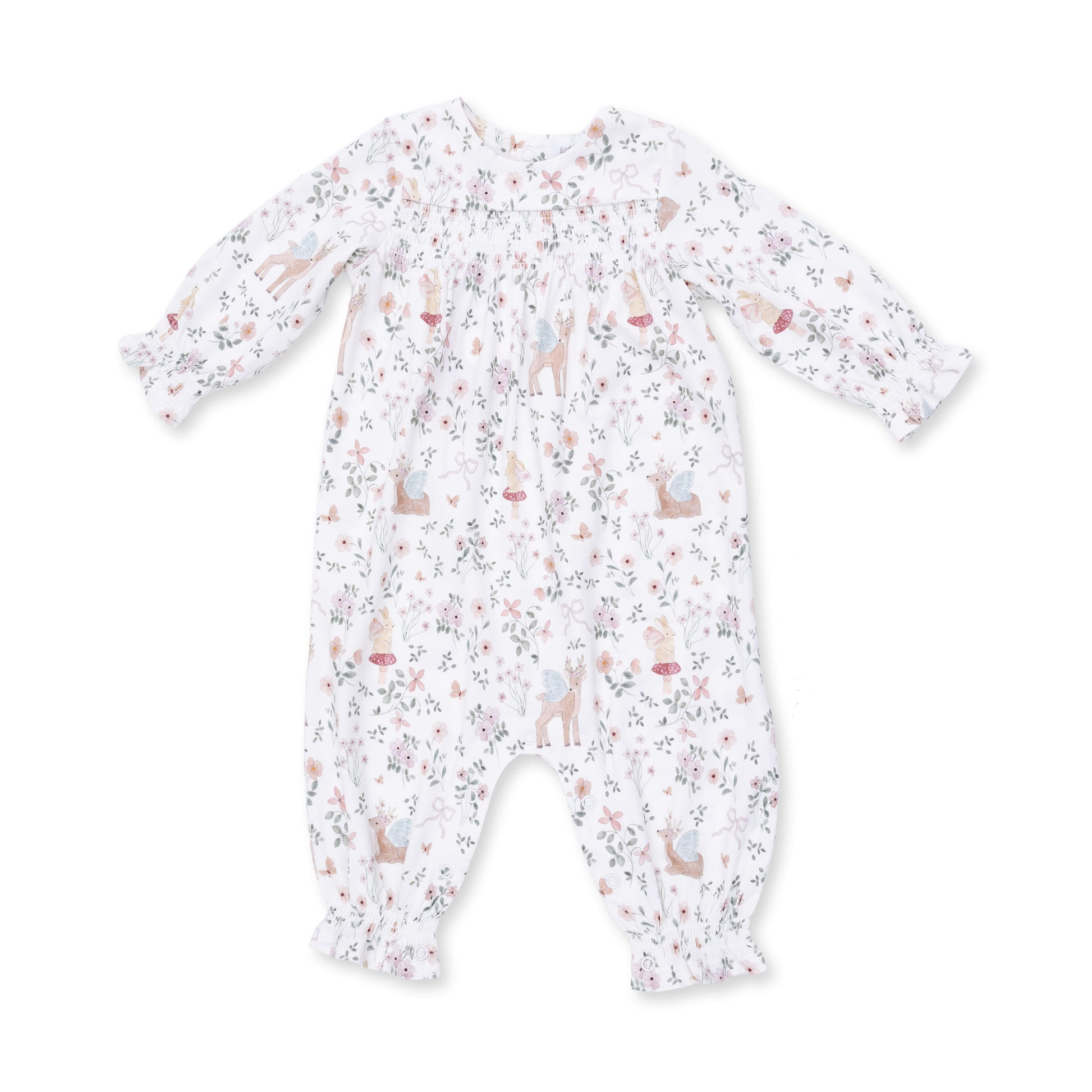 Angel Dear enchanted woodland smocked long sleeve romper for babies, featuring woodland-themed print and comfortable long sleeves.