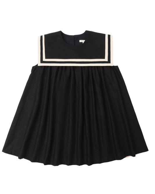 Black sailor dress by Rylee & Cru featuring a classic collar, short sleeves, and a fitted waist on a mannequin.