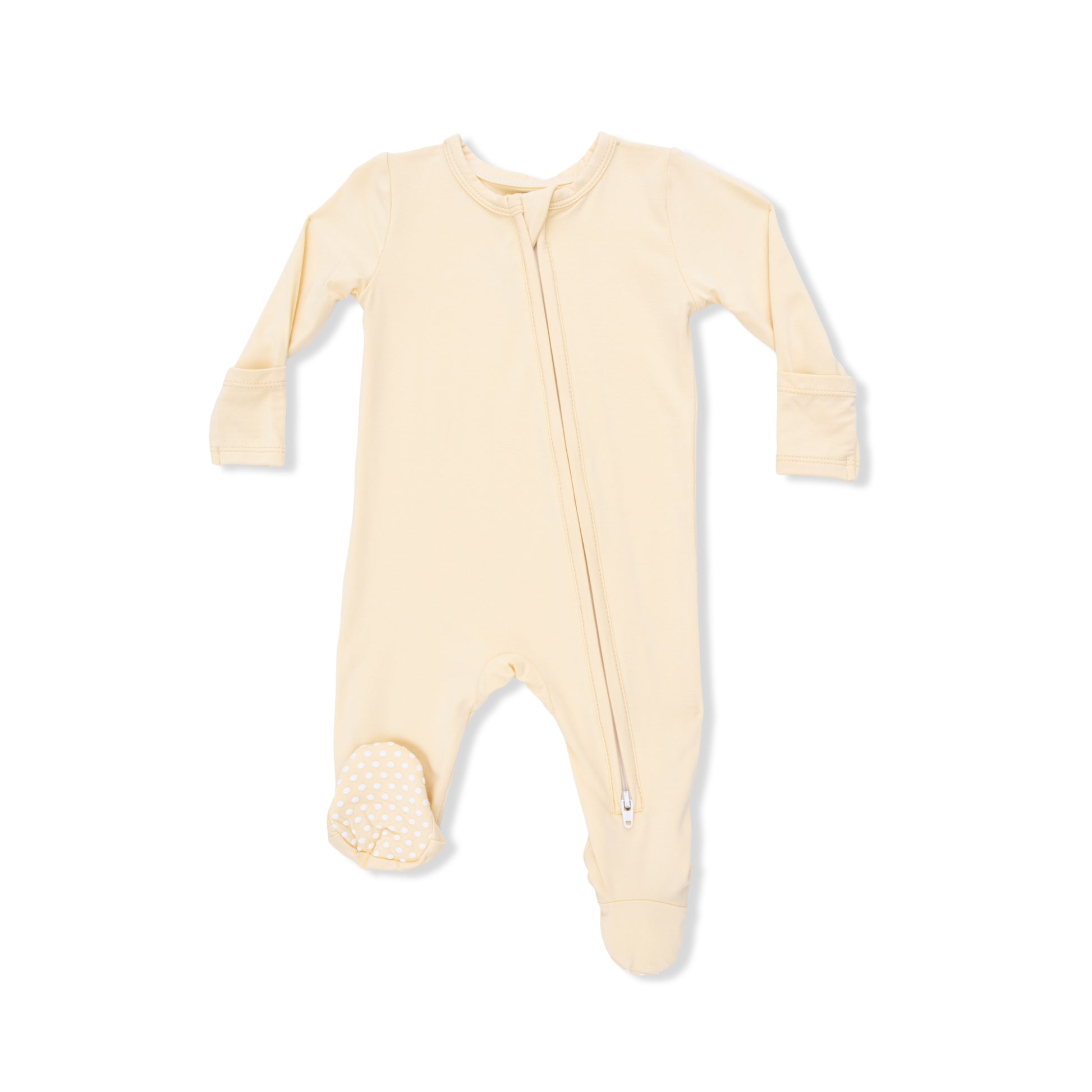 Angel Dear Solid Italian Straw 2-Way Zipper Footie for babies, featuring soft fabric and easy access for changing.