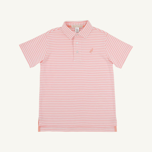 Prim and Proper Polo for kids by The Beaufort Bonnet Company, featuring salmon stripe and peach pompano design.