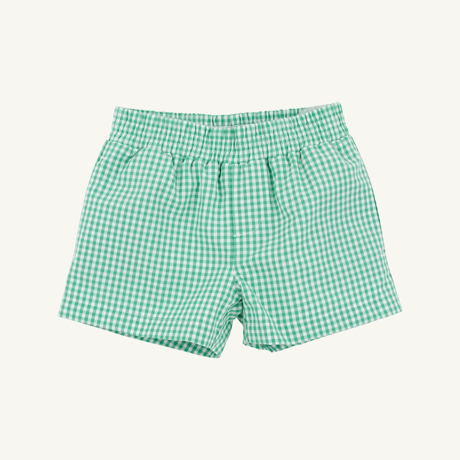 Gibson Island Green Mini Gingham Sheffield Shorts from The Beaufort Bonnet Company, featuring a classic gingham pattern and tailored fit.