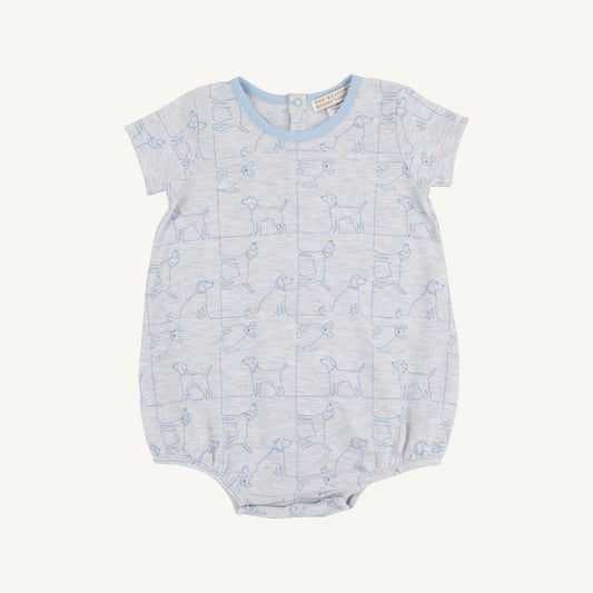 Beale Street Blue short sleeve puppy puzzle shirt by The Beaufort Bonnet Company, featuring playful bubble design and vibrant colors.