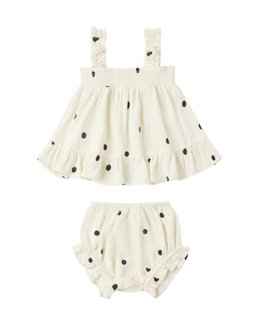 Rylee & Cru Polka Dot Lala Set featuring a playful polka dot pattern on the top and matching bottoms, perfect for kids.