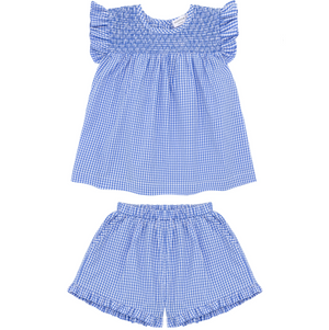 minnow - girls blue micro gingham smocked high neck ruffle sleeve top and ruffle short set