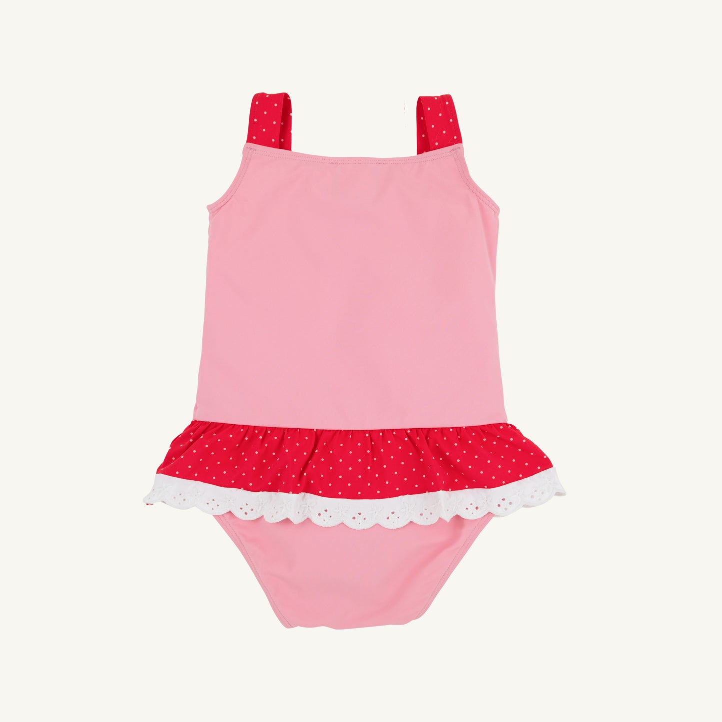 The Beaufort Bonnet Company Hamptons hot pink, Richmond red, and strawberry Grace Bay bathing suit for girls, featuring colorful fabric and ruffles.