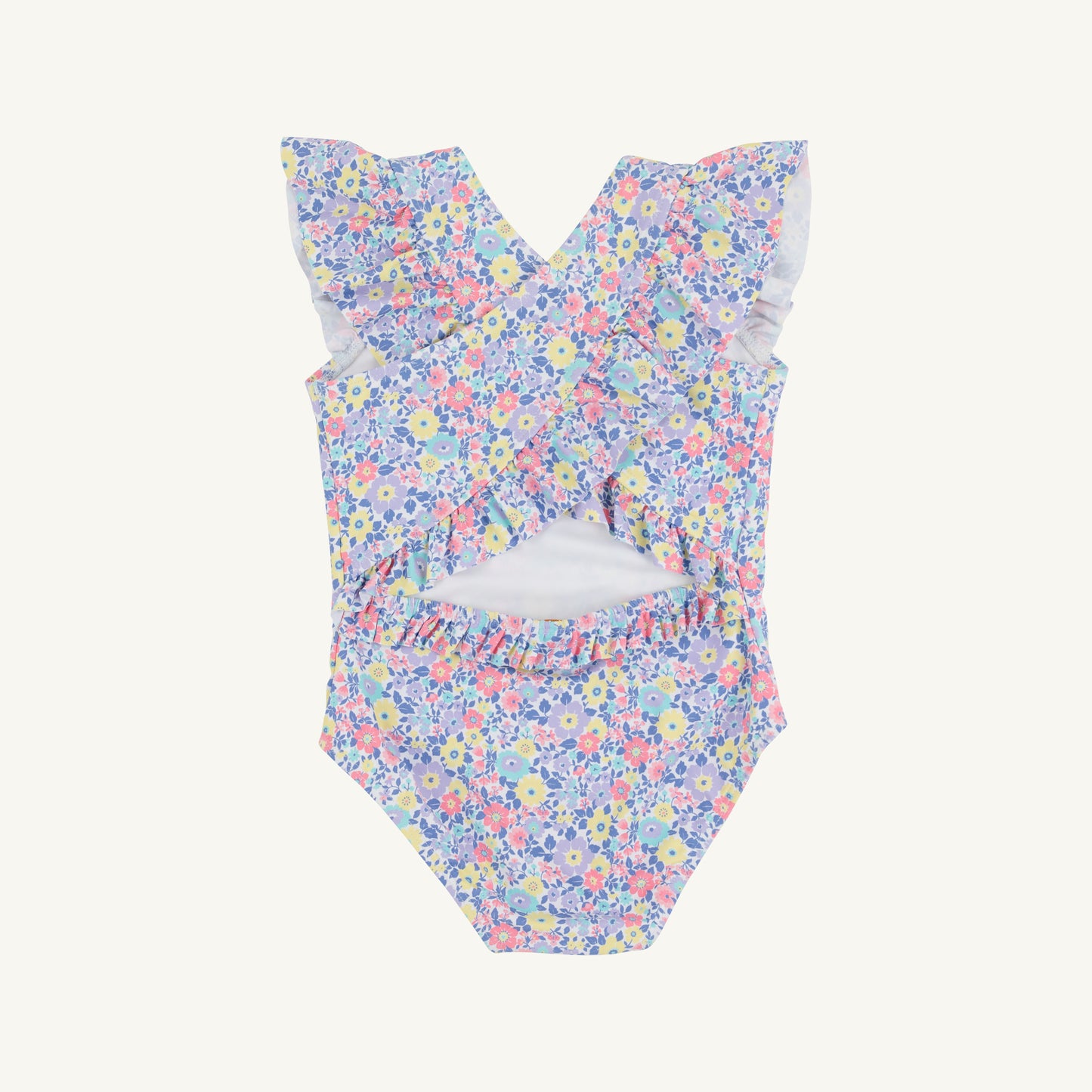Briar Patch Petals Sadie swimsuit by The Beaufort Bonnet Company featuring colorful petal pattern and ruffled straps for girls.