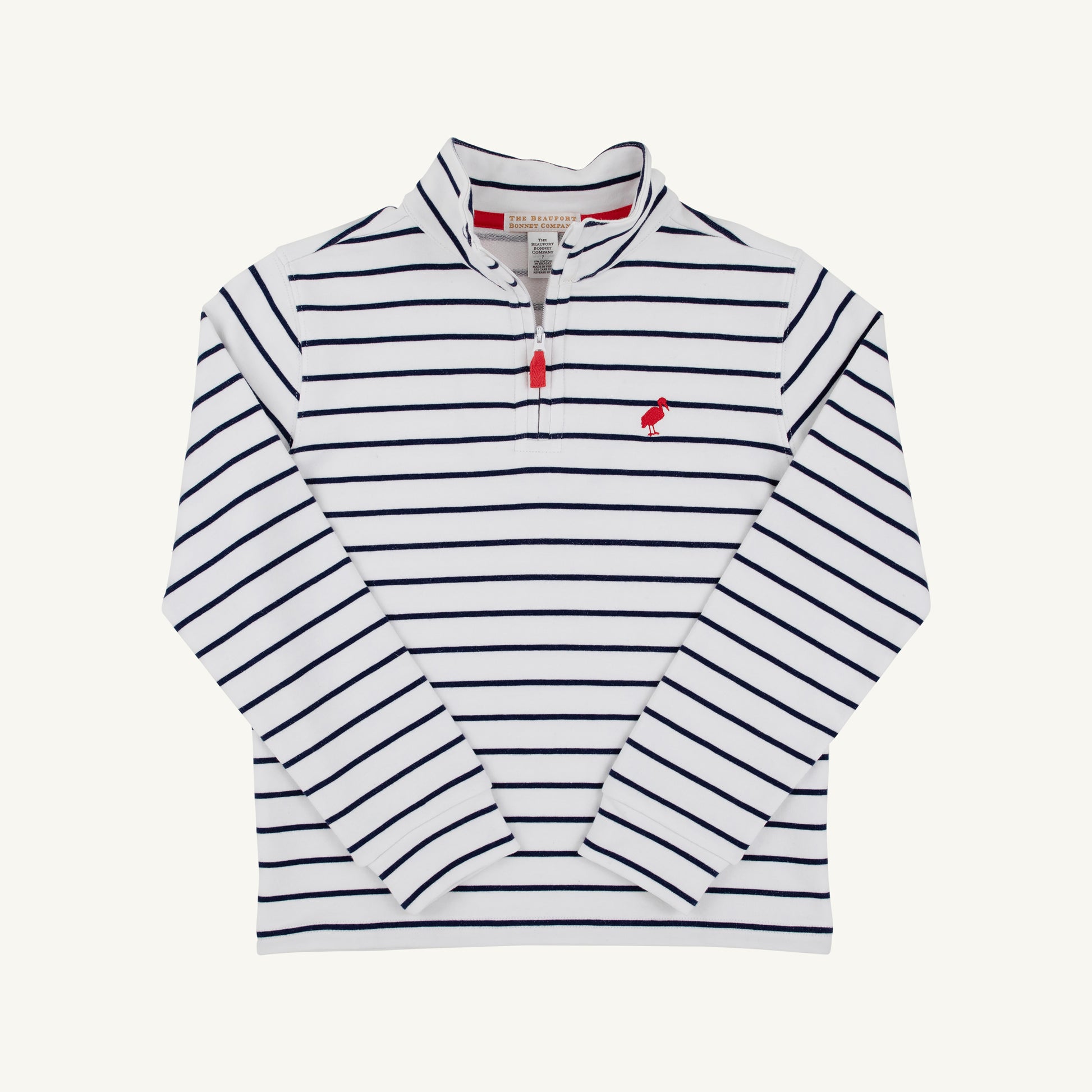 The Beaufort Bonnet Company Worth Ave half-zip sweater with white, Nantucket navy, and Richmond red stripes, displayed on a hanger.
