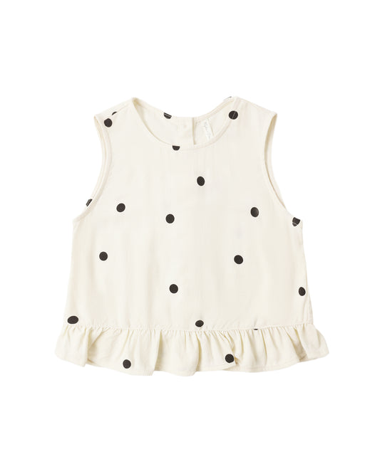 Rylee & Cru Polka Dot Oceanside Top featuring a navy and white polka dot pattern, with a ruffled neckline and long sleeves.