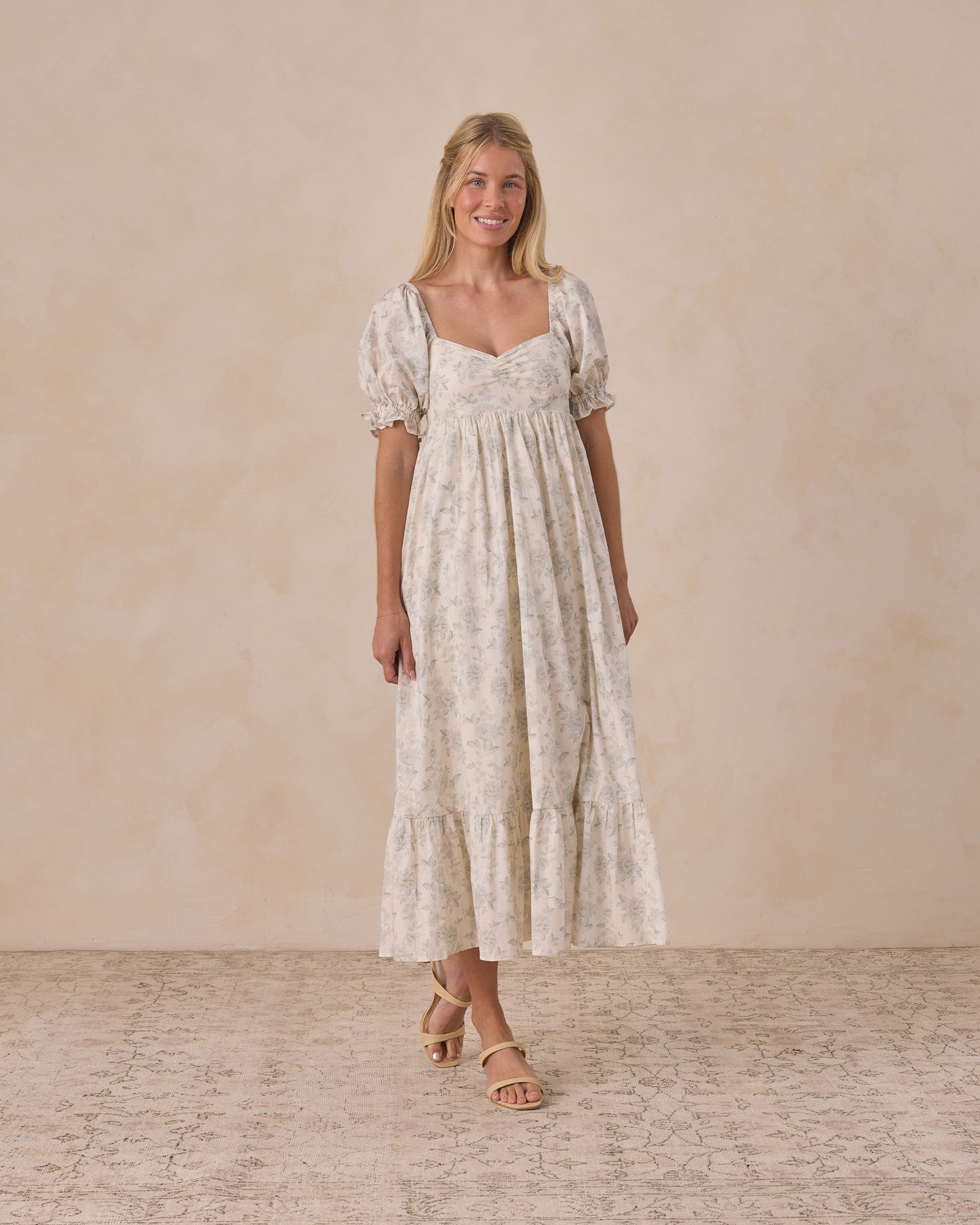 Noralee Women's Mist English Rose Chloe Dress featuring floral patterns and a flowing silhouette on a model.
