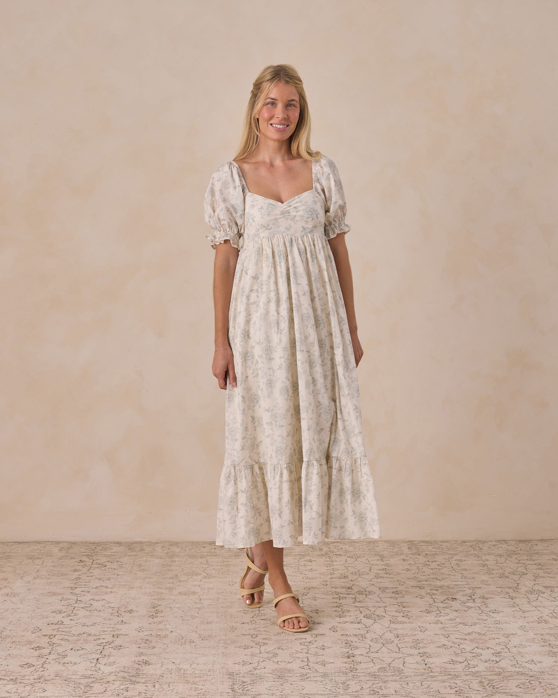 Noralee Women's Mist English Rose Chloe Dress featuring floral patterns and a flowing silhouette on a model.