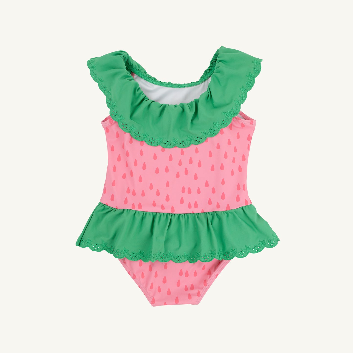 Gibson Island Green Sandy swimsuit for children by The Beaufort Bonnet Company, featuring a cute, colorful design and ruffled details.